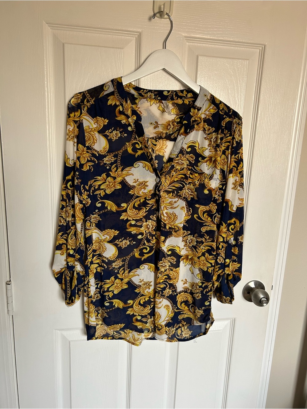 DNA couture Navy and Gold Baroque Chain Print Blouse 1X Versace Inspired Design